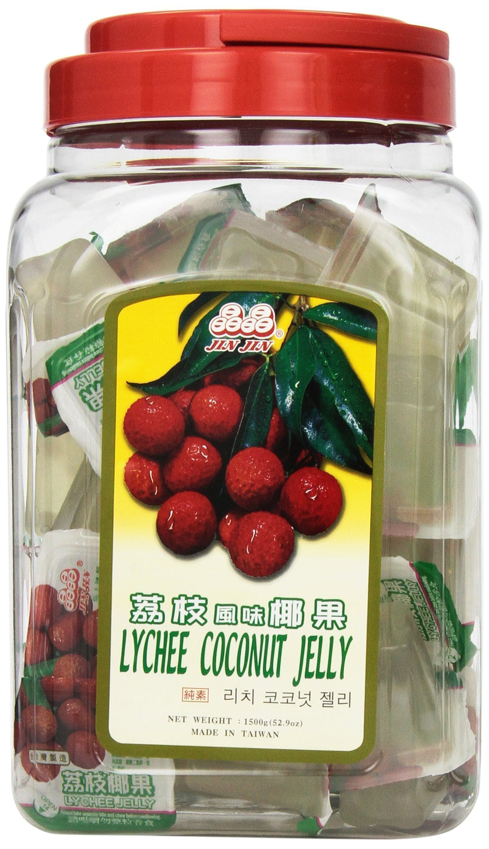 Jin Jin Lychee Coconut Jelly jar, large resealable container for sharing and freshness.