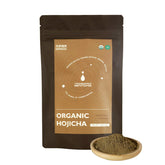 Jiuyu Hojicha powder packaging close-up with organic certification.