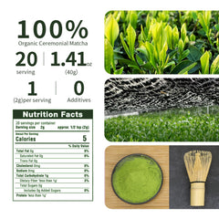 Jiuyu organic matcha packaging closeup emphasizing premium, additive-free powder for daily rituals.