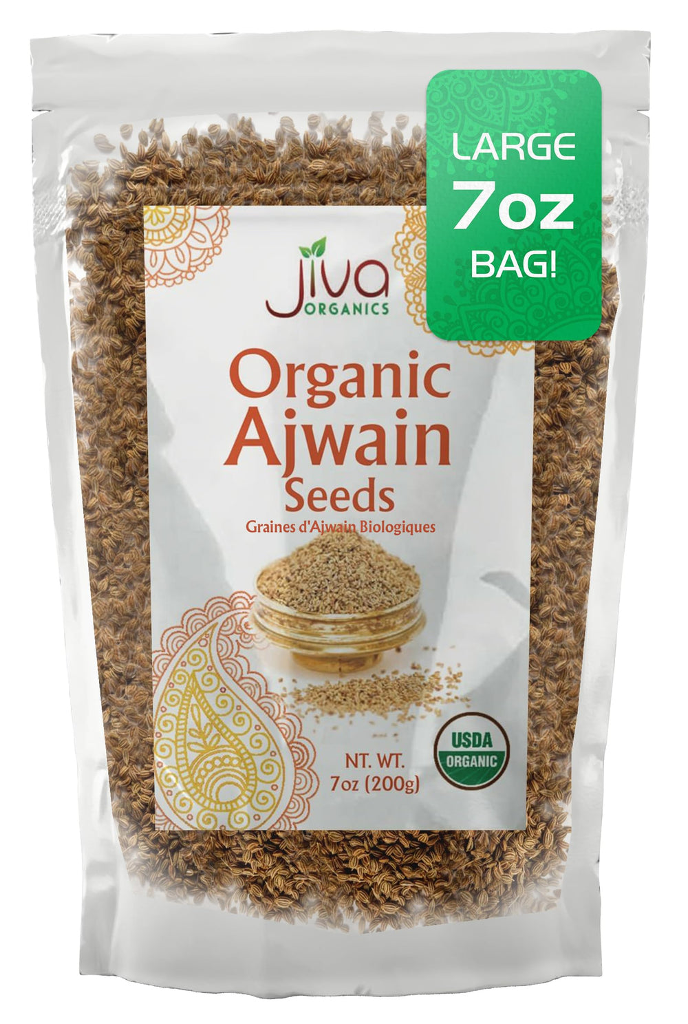 Jiva Organics Ajwain seeds in bag showing whole spices for flavorful cooking