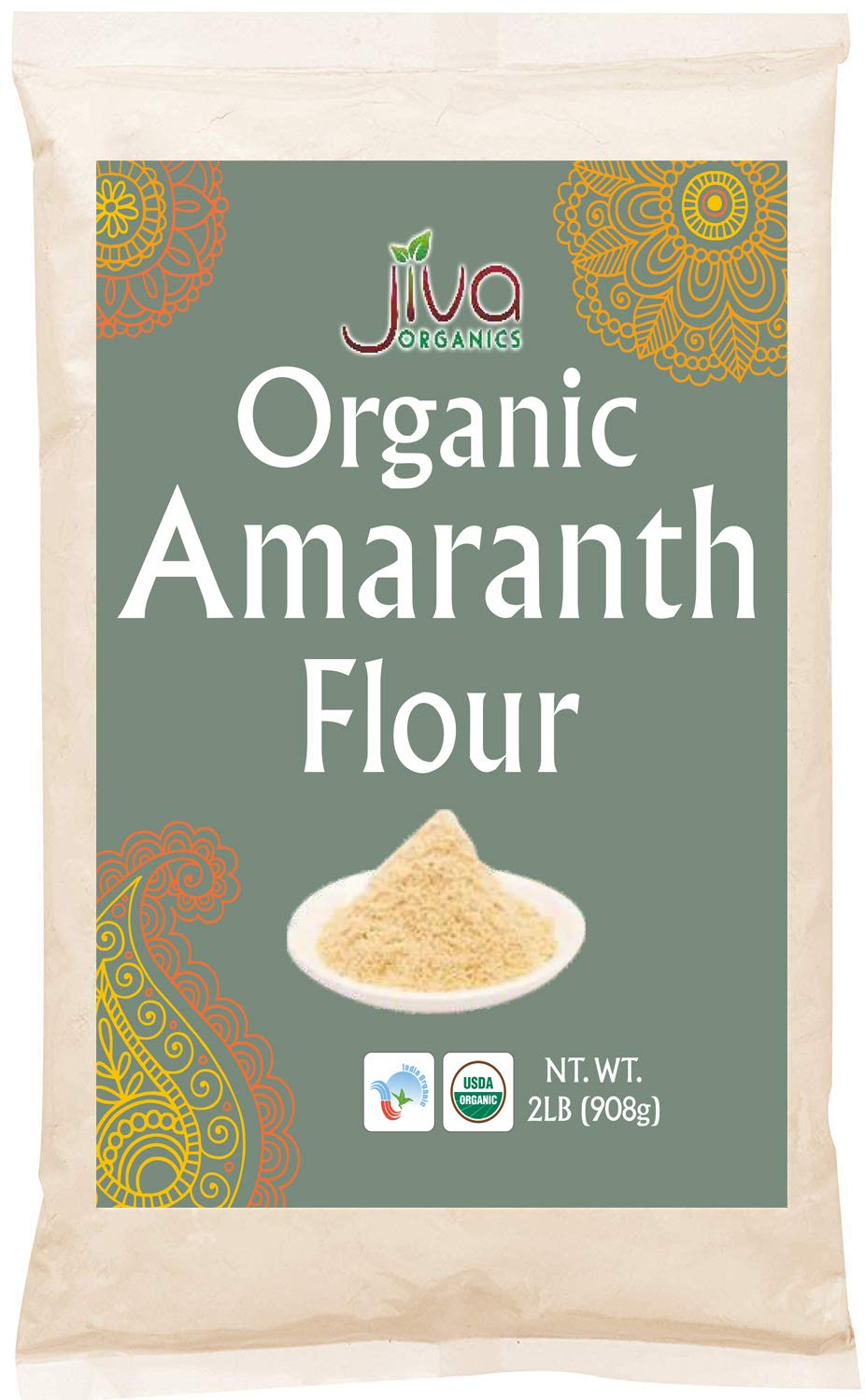 Jiva Organics amaranth flour bulk bag on shelf for gluten-free baking