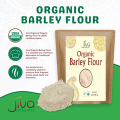 Jiva Organics Barley Flour 2lb in a mixing bowl highlights easy incorporation into dough
