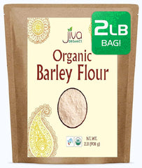 Jiva Organics Barley Flour 2lb packaging shows eco friendly packaging for a versatile baking staple