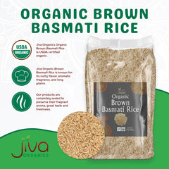Jiva Organics Brown Basmati Rice long grains promise fluffy texture for dishes.