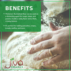 Buckwheat flour from India by Jiva Organics highlights origin and earthy flavor.