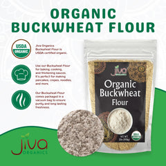 Vacuum-sealed buckwheat flour preserves freshness and purity from Jiva Organics.