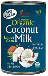 Jiva Organics coconut milk can on shelf ready for curries and desserts