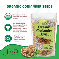Closeup of Jiva Organics coriander seeds, showing texture and aroma.
