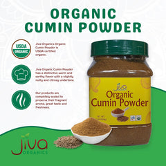 Texture close-up of Jiva Organics cumin powder for recipes.
