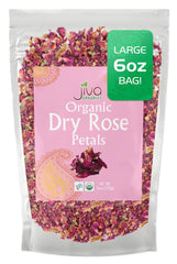 Jiva Organics dried red rose petals in a resealable bag for tea and baking.