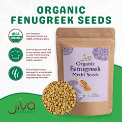 Jiva Organics fenugreek seeds closeup reveals the golden-brown, textured seed surface.
