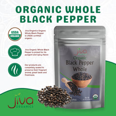 Jiva Organics peppercorns designed for grinder refills to enhance meals.
