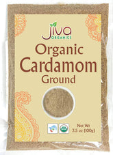 Jiva Organics ground cardamom powder jar highlights aromatic spice for curries and desserts.