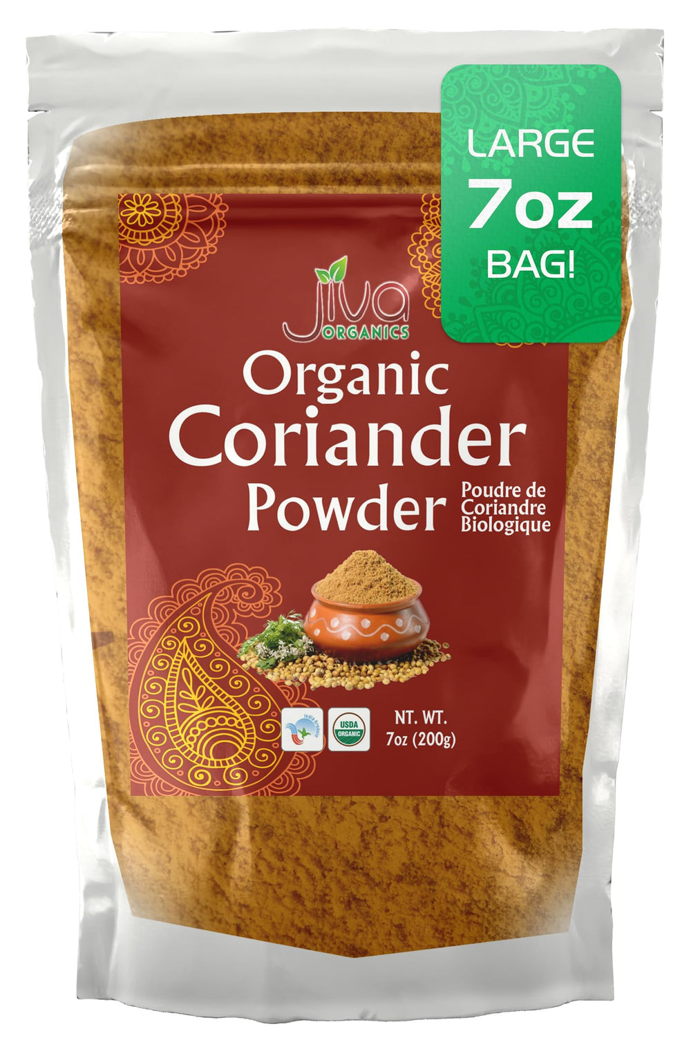 Jiva Organics ground coriander powder bottle shows pure aroma for vibrant dishes