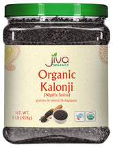 Jiva Organics Kalonji 1-pound jar with black cumin seeds for flavorful meals.
