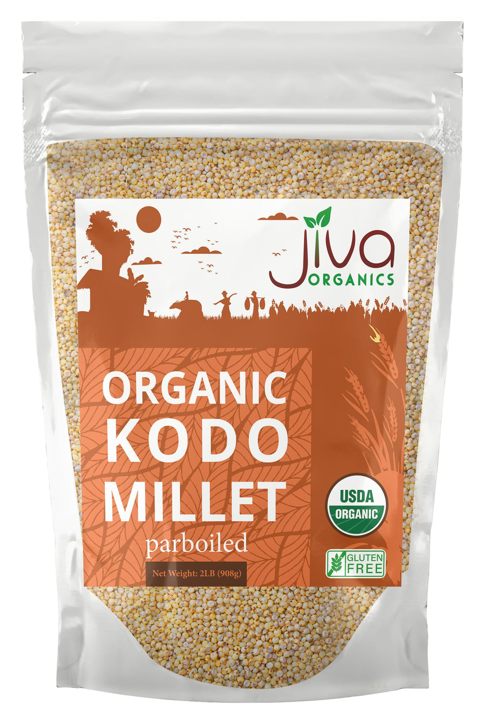 Jiva Organics Kodo Millet 2 lb bag showing gluten-free, high fiber grains