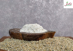 Millet flour packaging on store shelf by Jiva Organics