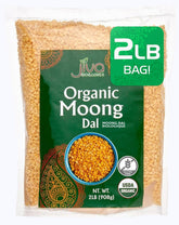 Jiva Organics Yellow Moong Dal 2lb pack—protein-rich lentils for plant-based meals.