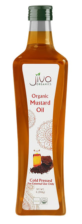 Jiva Organics Mustard Oil bottle close-up showing pure cold-pressed oil for skin and hair