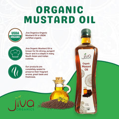 Jiva Organics Mustard Oil label emphasizing organic, non-GMO quality