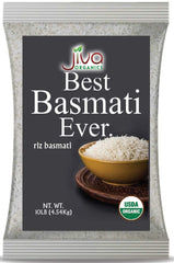 Jiva Organics Organic Basmati Rice 10lb bag with premium long grains.