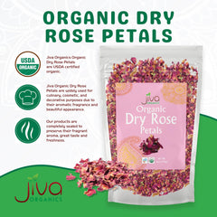 Jiva Organics rose petals tea infusion for fragrant cups.