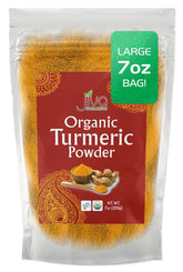 Jiva Organics turmeric powder package close-up highlighting fresh, organic spice ideal for cooking