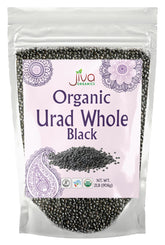 Jiva Organics Urad Whole bag on kitchen counter, pantry staple ready for meals