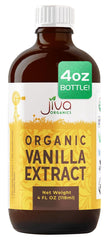Jiva Organics vanilla extract bottle pour for baking with rich flavor potential.