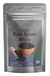 Jiva Organics whole black peppercorns in a 1 lb pack for fresh grinding.