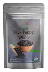 Jiva Organics whole black peppercorns in a 1 lb pack for fresh grinding.