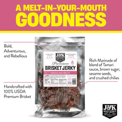 J&K Beef Brisket Jerky tender-marinated bites highlighting bold Korean BBQ flavor.