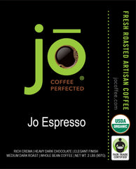 Jo Coffee organic espresso with dark chocolate notes for a bold, smooth cup