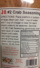 J.O. Crab Seasoning #2 label closeup highlights versatile spice blend