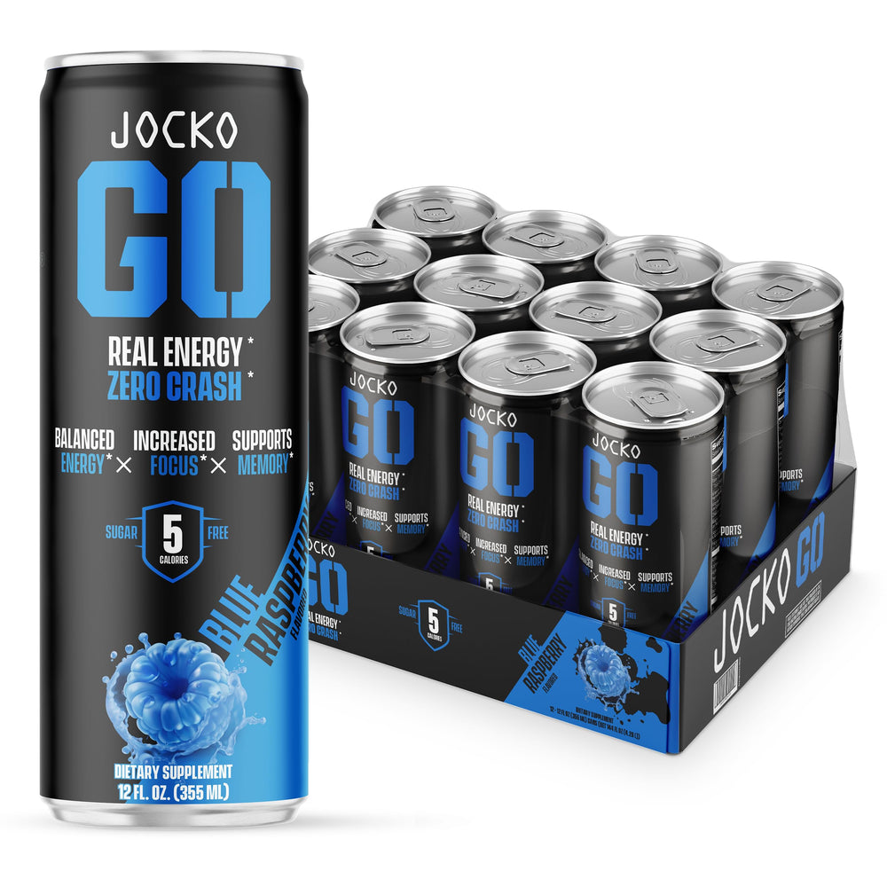 Jocko Fuel blue raspberry energy bottle shows zero sugar for steady focus.