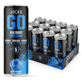 Jocko Fuel blue raspberry energy bottle shows zero sugar for steady focus.