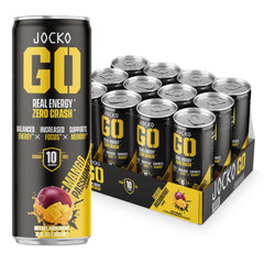 Jocko GO energy drink bottle in mango passionfruit for quick focus