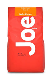 Joe Knows Coffee Wake Up Joe bag front highlighting medium roast and large 2 lb supply.