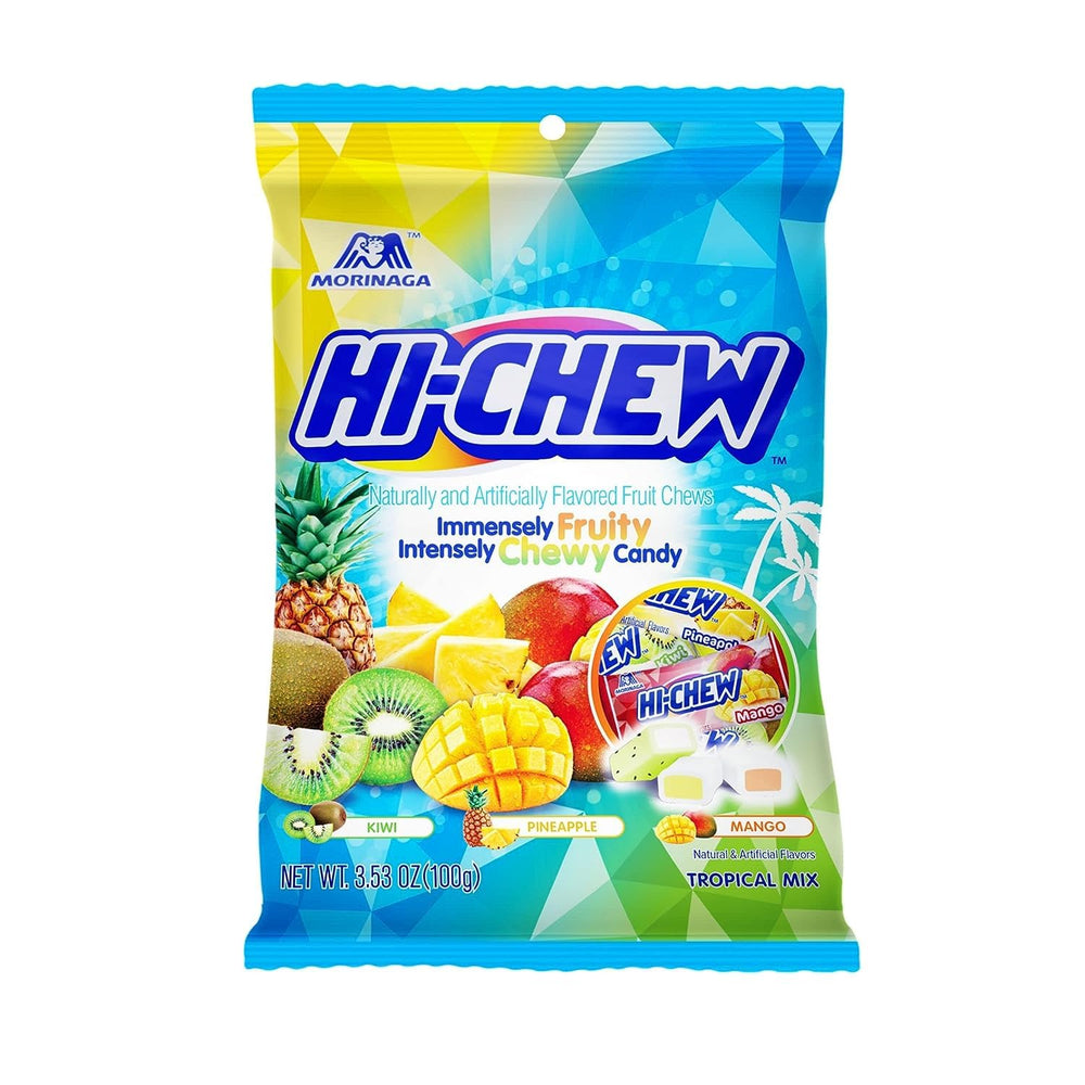 Jogoto Hi-Chew Tropical Mix kiwi-pineapple-mango candies in a pack, perfect for on-the-go snacking.