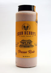 John Henry's Texas Size Pecan Rub bottle enhances pork, poultry, and fish with smoky pecan flavor.