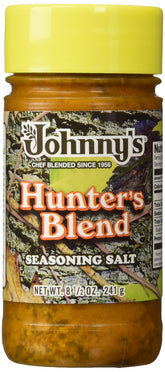 Johnny's Hunter seasoning salt front view highlights natural ingredients for authentic flavor.