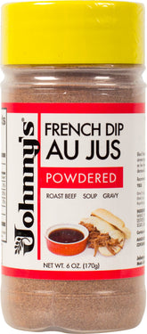 Johnny's French Dip Au Jus Powder packaging on shelf for quick prep.