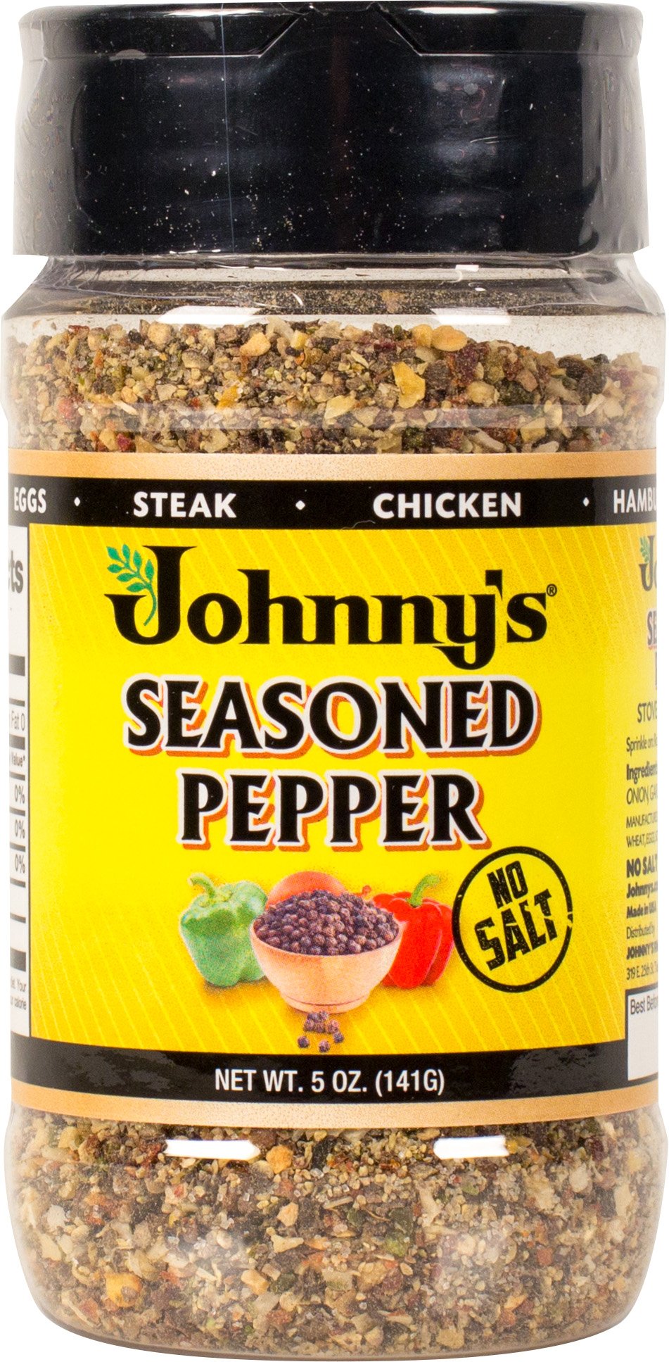 Johnny's Seasoned Pepper bottle front ready to spice roasts with bold flavor.