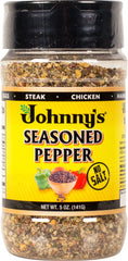 Johnny's Seasoned Pepper bottle front ready to spice roasts with bold flavor.