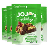 JOJO's packaging shows a dark chocolate pistachio almond cranberry snack for on-the-go