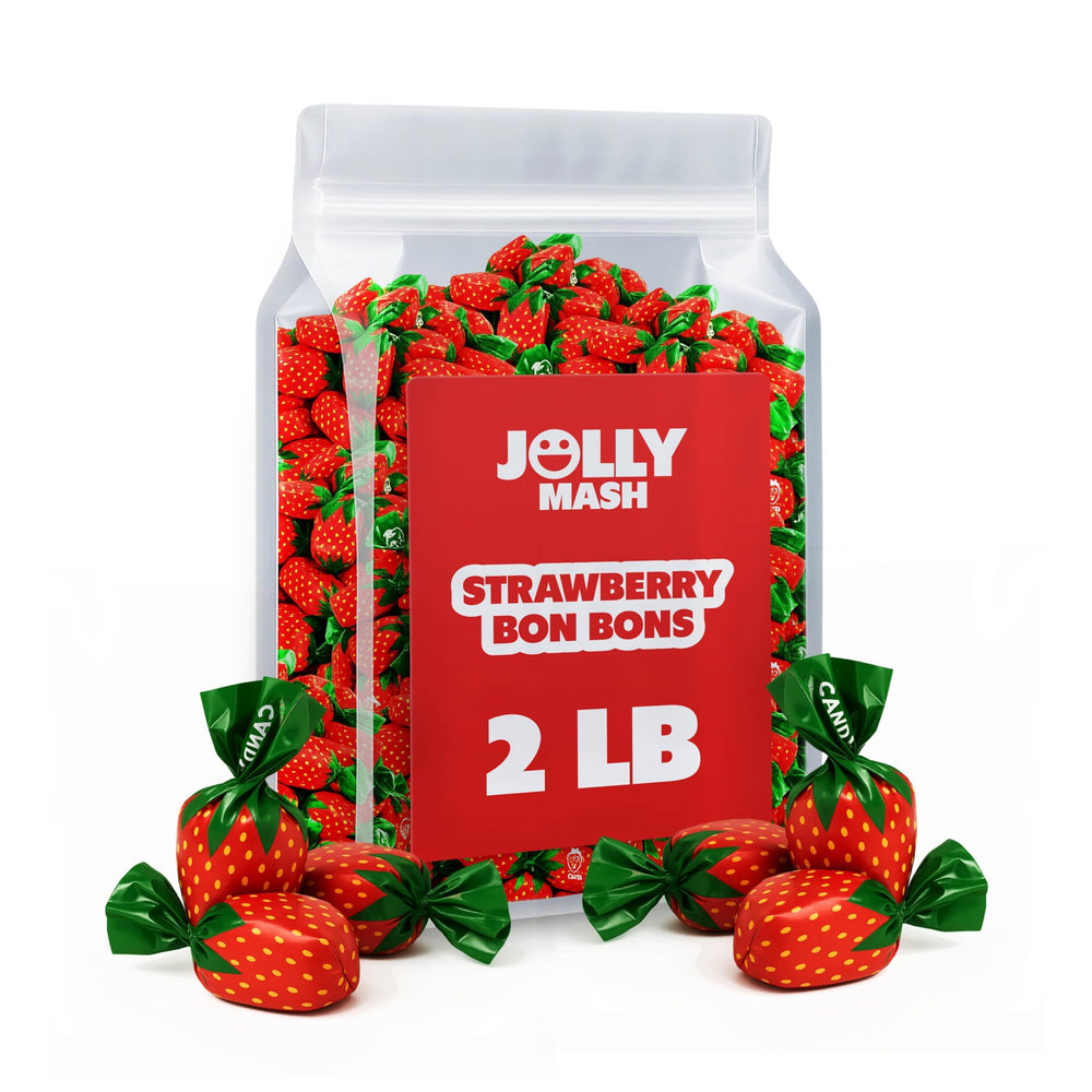 JOLLY MASH strawberry bon bons bulk bag with resealable pouch for freshness.
