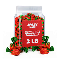 JOLLY MASH strawberry bon bons bulk bag with resealable pouch for freshness.