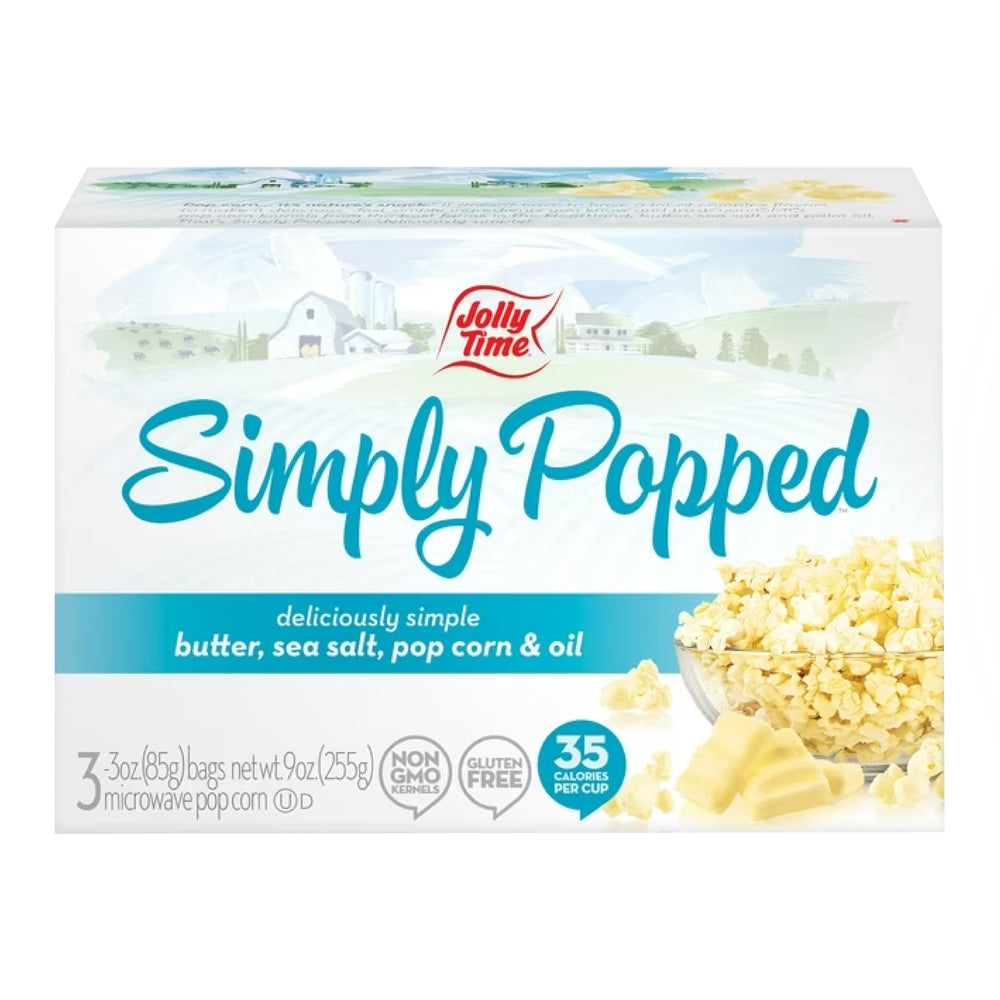 Jolly Time Simply Popped Butter box showing three bags for easy snacking.