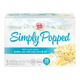 Jolly Time Simply Popped Butter box showing three bags for easy snacking.