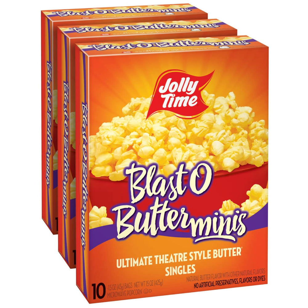 Jolly Time Blast O Butter mini bag box showing convenient single-serve snacking